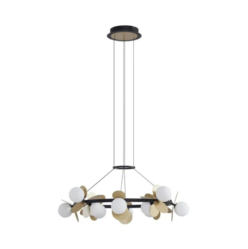 Lucande hanglamp Pallo, 12-lamps, zwart/goud, glas