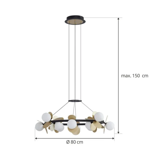 Lucande hanglamp Pallo, 12-lamps, zwart/goud, glas