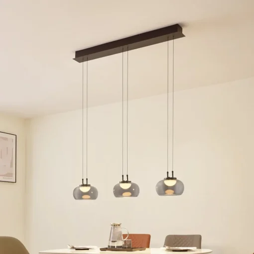 Lucande LED hanglamp Dain, 3-lamps, rookgrijs, glas