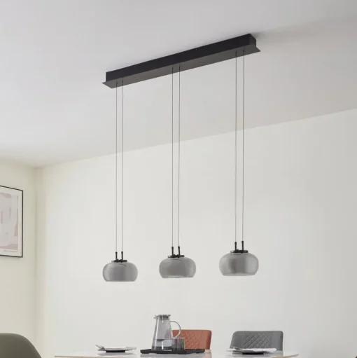 Lucande LED hanglamp Dain, 3-lamps, rookgrijs, glas