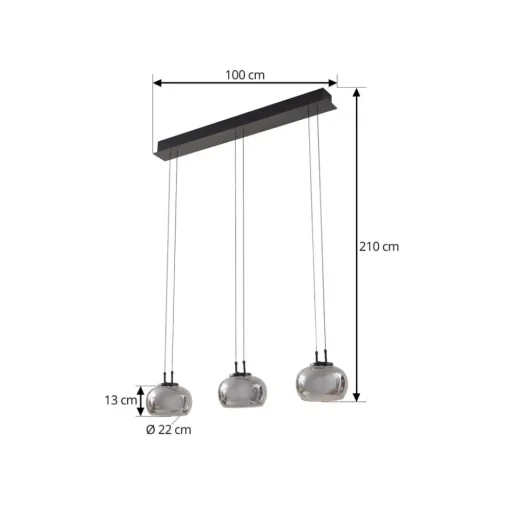 Lucande LED hanglamp Dain, 3-lamps, rookgrijs, glas