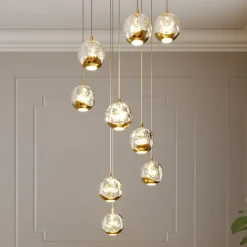 Lucande LED hanglamp Hayley, Ø 40 cm, 9-lamps, goud, glas