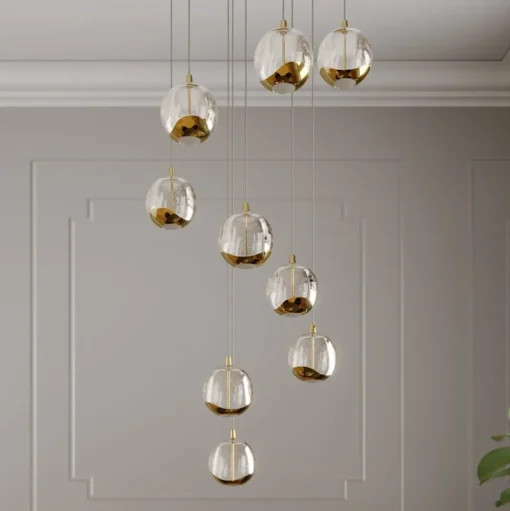 Lucande LED hanglamp Hayley, Ø 40 cm, 9-lamps, goud, glas