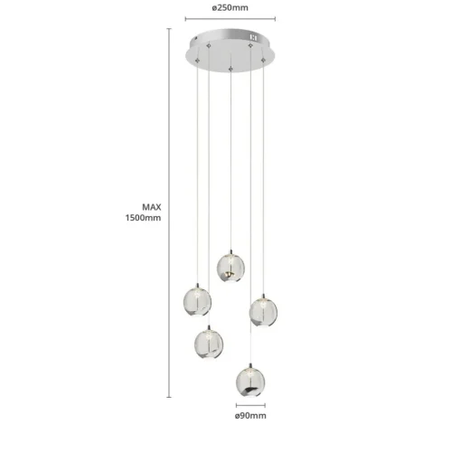 Lucande LED hanglamp Hayley, Ø 30 cm, 5-lamps, chroom, glas