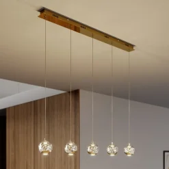 Lucande LED hanglamp Hayley, 96 cm, 5-lamps, goud, glas
