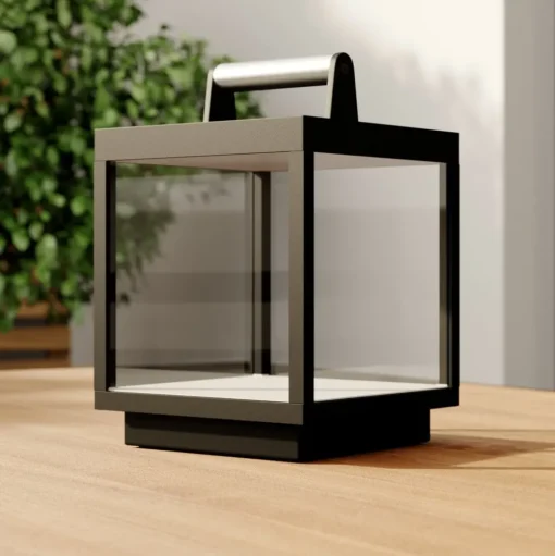 Lucande LED oplaadbare tafellamp Cube, aluminium, IP54, dimbaar