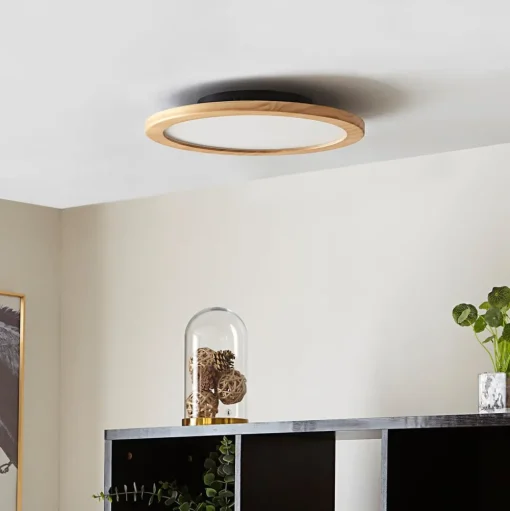 Lucande LED plafondlamp Joren, Ø 38 cm, hout, CCT, afstandsbediening