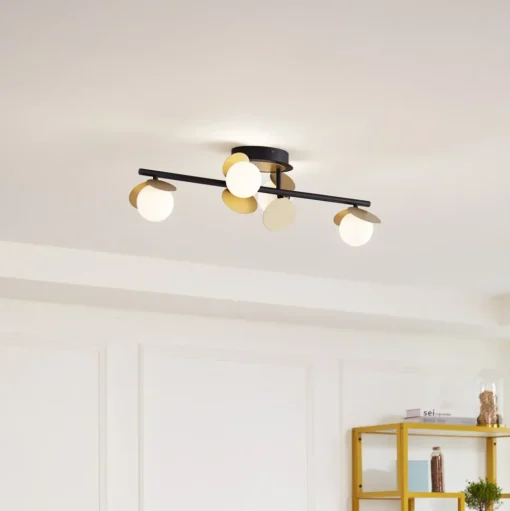 Lucande LED plafondlamp Pallo, 4-lamps, zwart/goud, glas