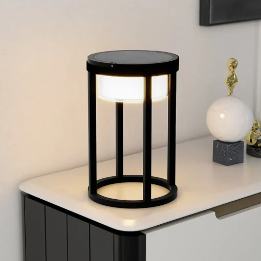 Lucande LED solar tafellamp Tilena, rond, zwart, dimbaar