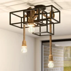 Lucande plafondlamp Andrik, 44 cm, 3-lamps, henneptouw, metaal