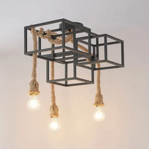 Lucande plafondlamp Andrik, 44 cm, 3-lamps, henneptouw, metaal