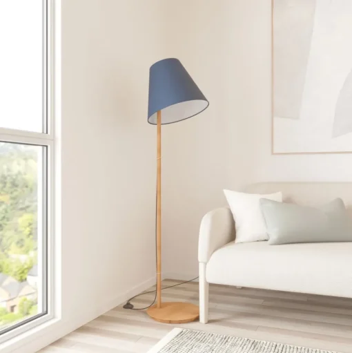 Lucande vloerlamp Jinda, blauw, hout, stof, 160 cm, E27