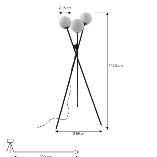 Lucande vloerlamp Visata, zwart, glas, 3-lamps, driepoot