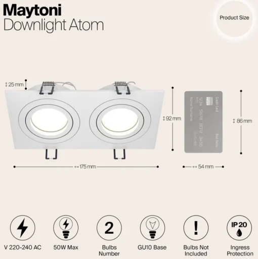 Maytoni inbouwlamp Atom, wit, 2-lamps, 17,5 x 9,2 cm