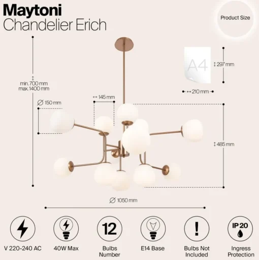 Maytoni kroonluchter Erich, messing rosé glas/metaal 12-lamps.