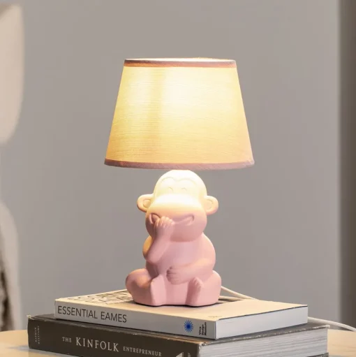 Monkey tafellamp, roze, keramiek, 28 cm hoog, E14