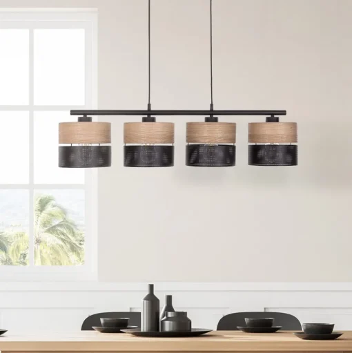 Nicol hanglamp, zwart/hout-effect, 94x20 cm 4-lamps 4 x E27