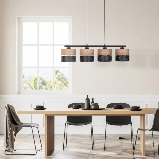 Nicol hanglamp, zwart/hout-effect, 94x20 cm 4-lamps 4 x E27