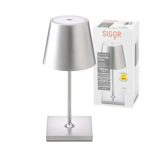 Nuindie mini LED oplaadbare tafellamp, Easy Connect, zilver, dimbaar.