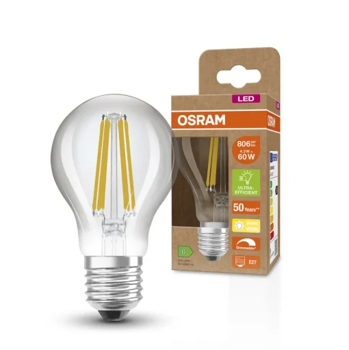 OSRAM Classic LED lamp E27 4,3W 827 filament dim