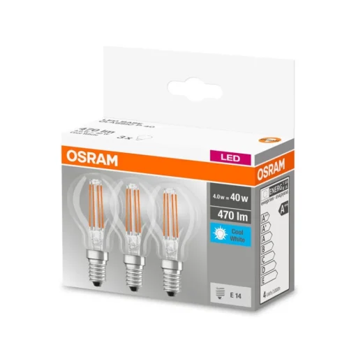 OSRAM LED lamp E14 P40 4W filament 840 470lm per 3