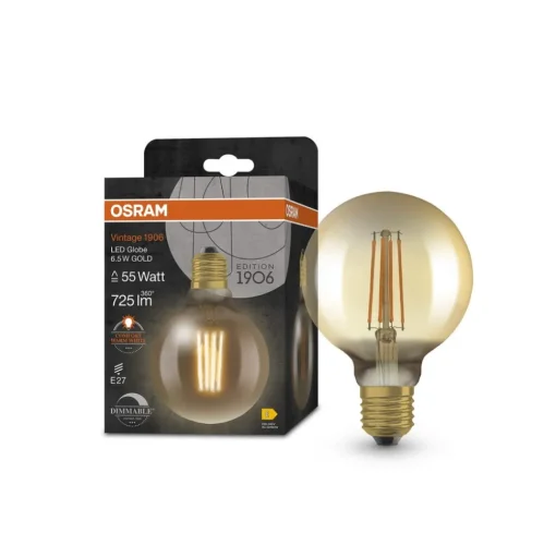 OSRAM LED Vintage 1906, G95, E27, 6,5 W, goud, 2.400 K, dimbaar.