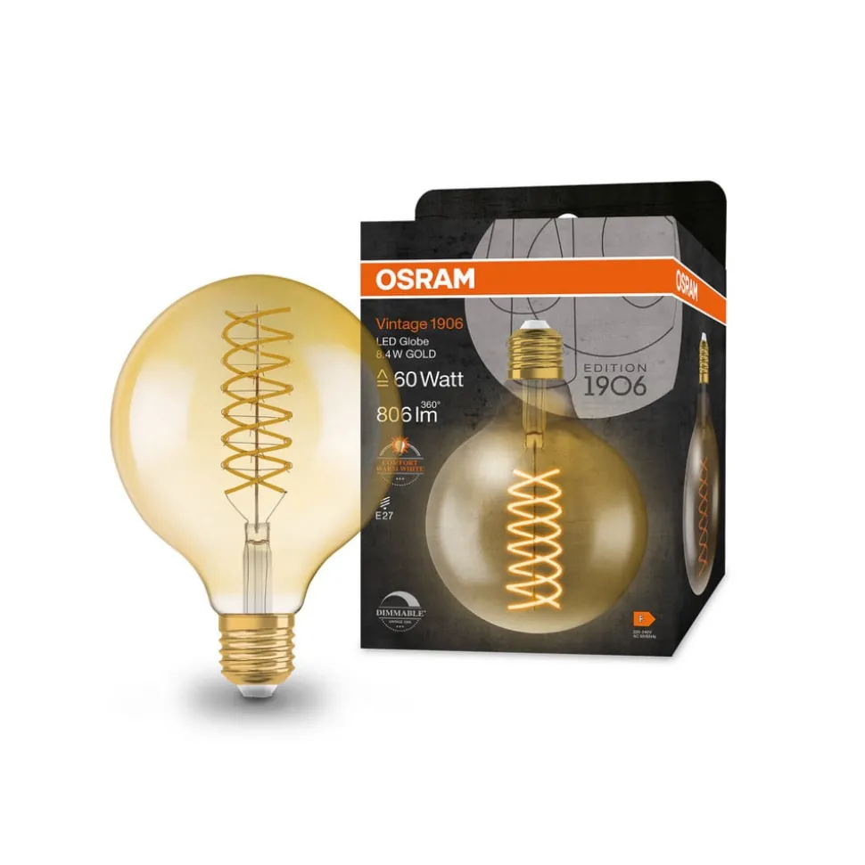 OSRAM LED Vintage 1906, G125, E27, 8,4 W, goud, 824, dimbaar.