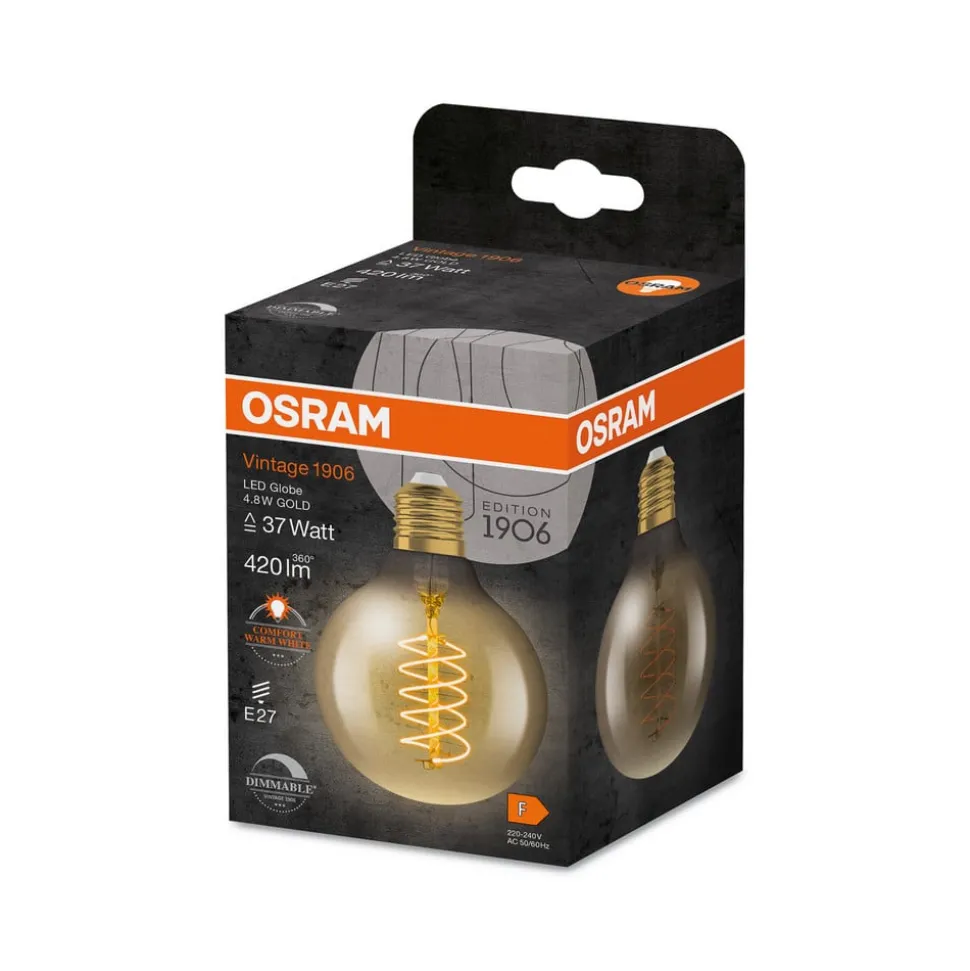 OSRAM LED Vintage 1906, G80, E27, 4,8 W, goud, 2.200 K, dimbaar.