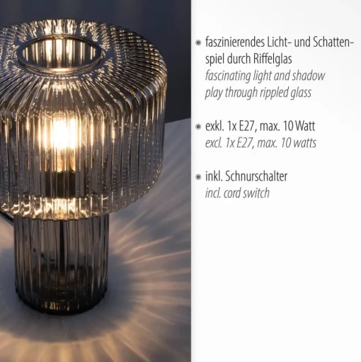 Paul Neuhaus Fungus tafellamp, rookkleurig, glas, 34 cm