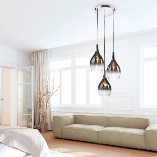 Paul Neuhaus hanglamp Pilua, rookgrijs, glas, 30cm, 3-lamps.