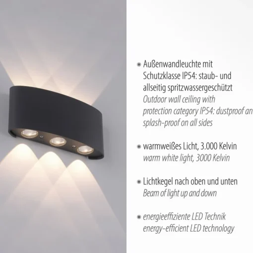 Paul Neuhaus LED buiten wandlamp Carlo, 17 cm, 6-lamps, IP54