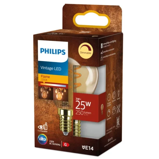Philips E14 LED lamp G45 3W dimbaar 2.200K goud