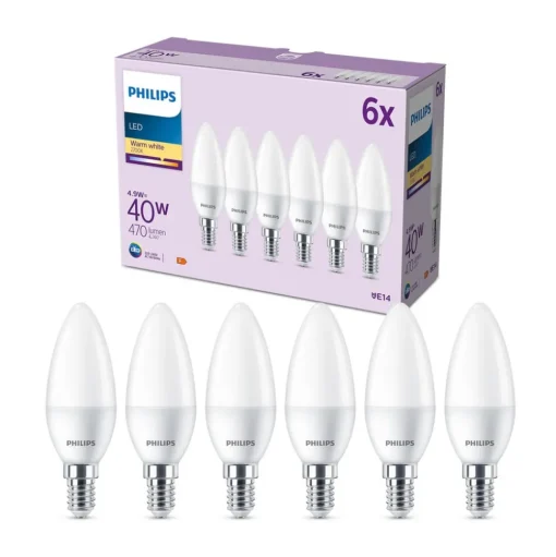 Philips LED kaars E14 4,9W 470m 2.700K mat per 6