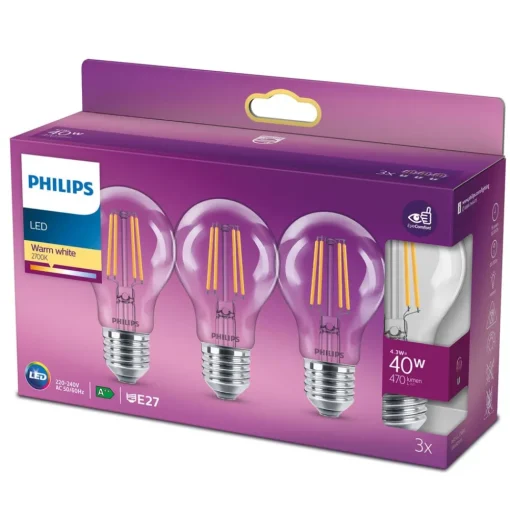 Philips LED lamp Classic E27 4,3W 2700K helder 3st