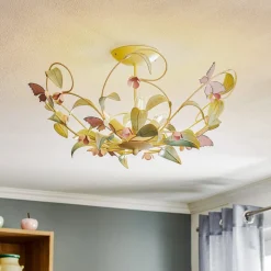 Plafondlamp BUTTERFLY, crème/groen/rosé, roestvrij staal, 3-lamps