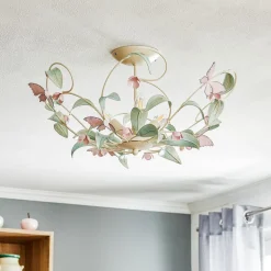 Plafondlamp BUTTERFLY, crème/groen/rosé, roestvrij staal, 3-lamps
