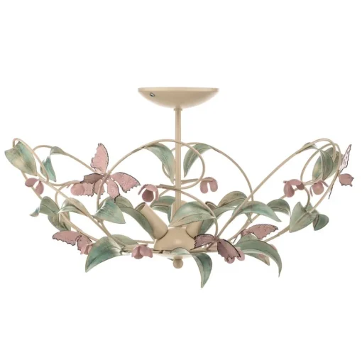 Plafondlamp BUTTERFLY, crème/groen/rosé, roestvrij staal, 3-lamps