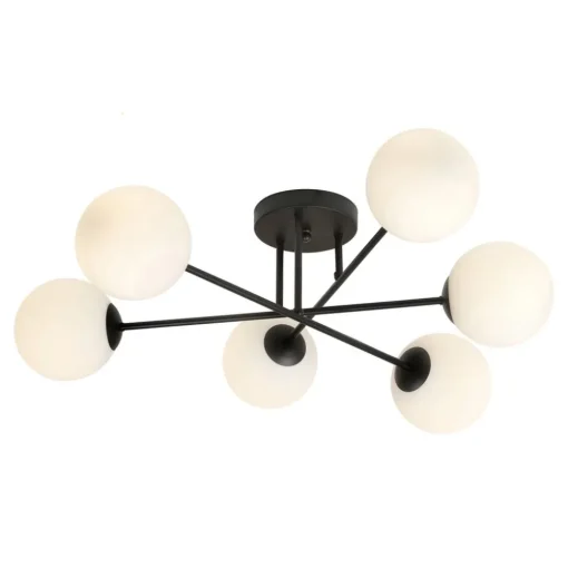 Plafondlamp Glassy, 6-lamps, zwart/opaal