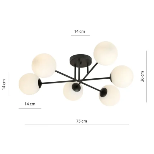 Plafondlamp Glassy, 6-lamps, zwart/opaal