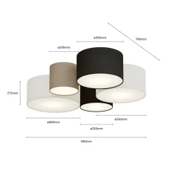 Plafondlamp Hotel met vijf textiel lampenkappen
