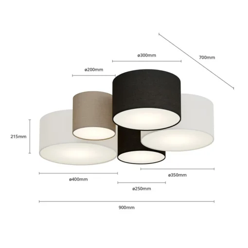 Plafondlamp Hotel met vijf textiel lampenkappen