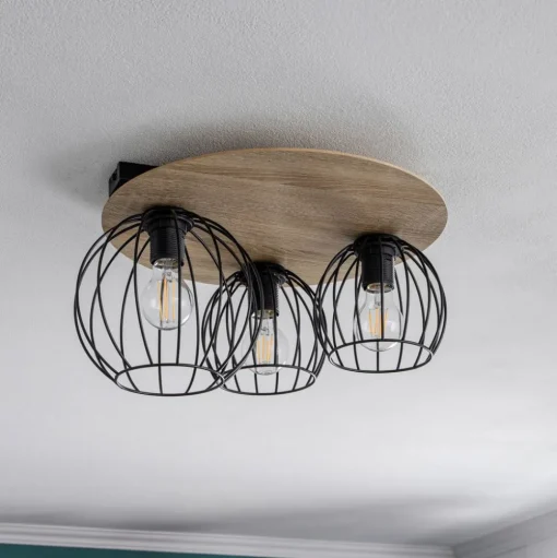 Plafondlamp Malin, houten kap rond, 3-lamps