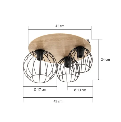 Plafondlamp Malin, houten kap rond, 3-lamps