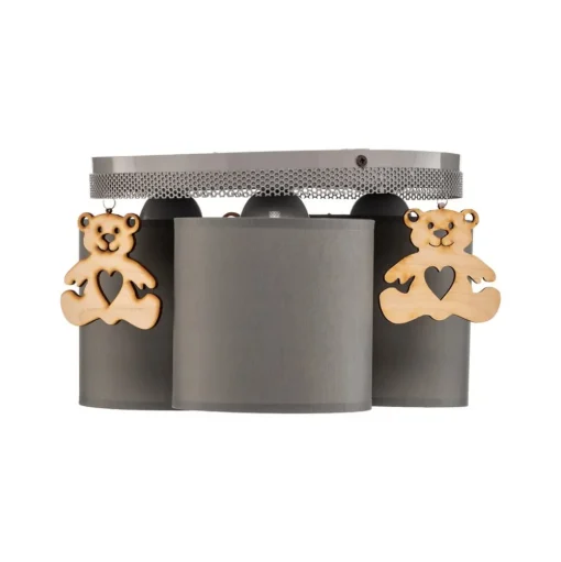 Plafondlamp Mis, grijs met houten beer, 3-lamps