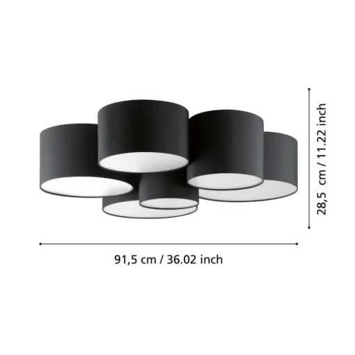 Plafondlamp Pastore 2, Ø 99 cm, zwart, 6-lamps, stof