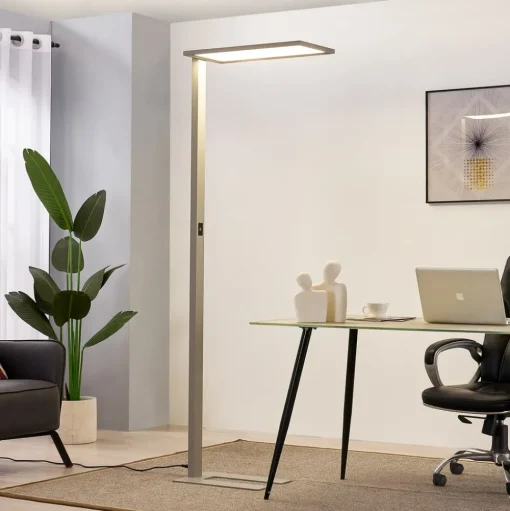 Prios LED kantoor vloerlamp Taronis, zilver, 195 cm, dimbaar