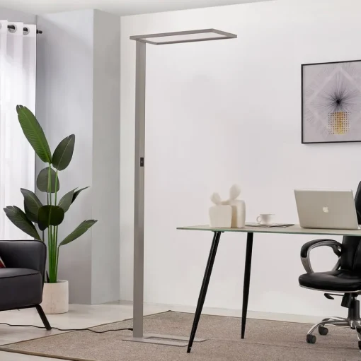 Prios LED kantoor vloerlamp Taronis, zilver, 195 cm, dimbaar