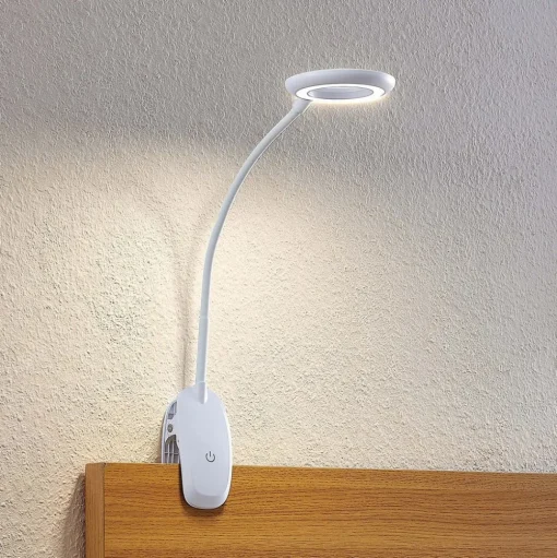 Prios LED klemlamp Harumi, wit, oplaadbare batterij, USB, 51 cm hoog
