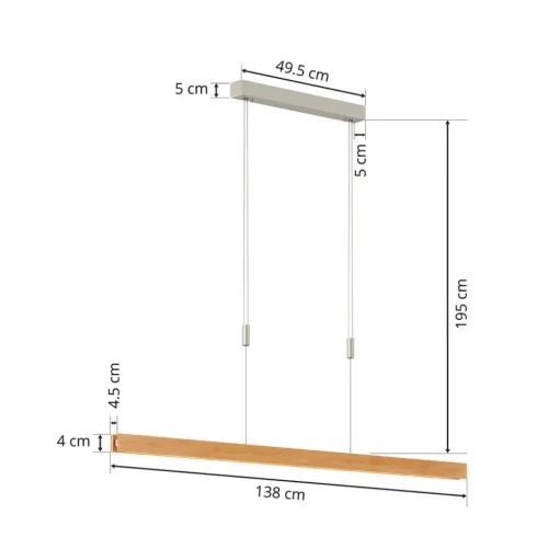 Quitani hanglamp Alin, lengte 138 cm, natuurlijk eiken