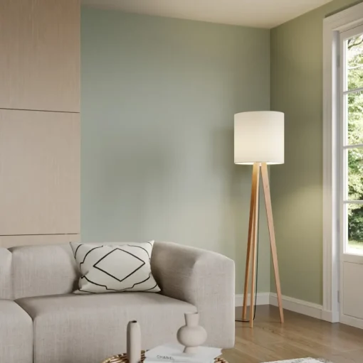 Quitani vloerlamp Nida, houten frame, witte kap